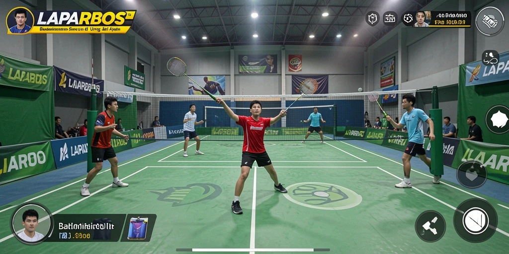Screenshot utama LAPARBOS menampilkan antarmuka permainan badminton yang menarik.
